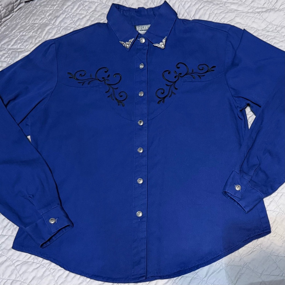 Blue VTG Western Shirt Roughrider Long Sleeve Silver Collar Tips Buttons